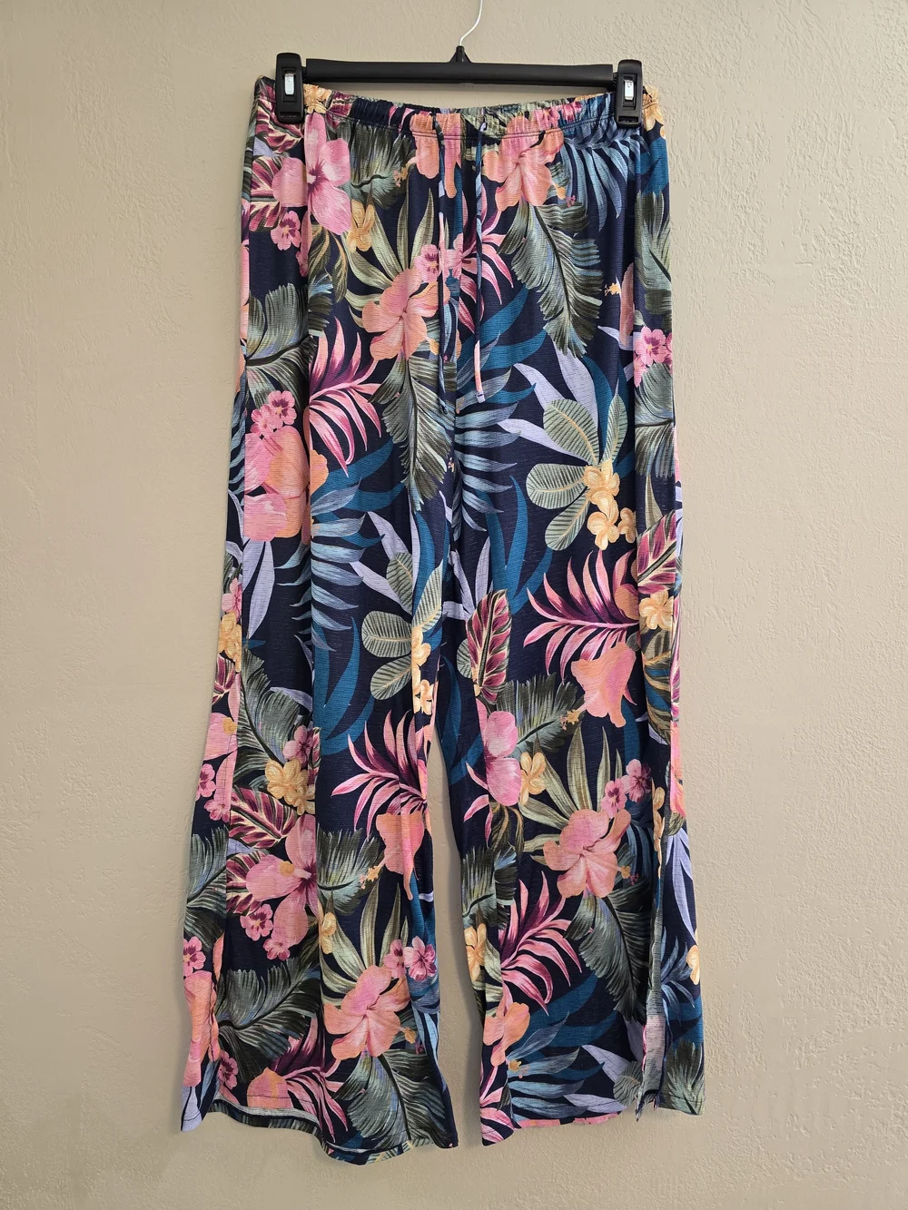 Lands' End Navy Tropical Floral Swim Cover Up Pants Side Slit Wide Leg Medium